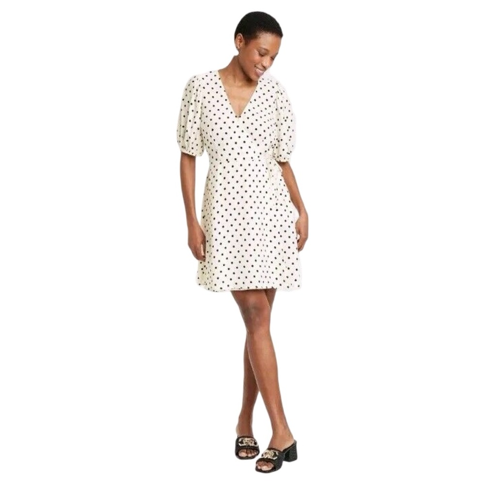 A New Day Cream Black Puff Sleeve Wrap Mini Dress